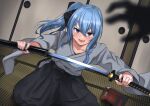  1girl :d absurdres blue_eyes blue_hair blurry collarbone commentary_request depth_of_field dutch_angle eyebrows_visible_through_hair highres holding holding_sword holding_weapon hololive hoshimachi_suisei japanese_clothes katana long_hair looking_at_viewer micon motion_blur sheath silhouette sliding_doors smile solo_focus standing sword tatami unsheathing v-shaped_eyebrows virtual_youtuber weapon 