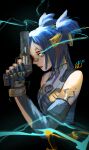 1girl black_background blue_eyes blue_hair breasts electricity glowing glowing_eye gun handgun highres holding holding_gun holding_weapon looking_ahead neon_(valorant) revolver short_hair sketch small_breasts solo twintails two_side_up upper_body valorant weapon zalosss