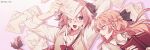  1boy 1girl :d astolfo_(fate) black_bow blush book bow braid closed_eyes collarbone derivative_work eyebrows_visible_through_hair eyes_visible_through_hair fang fate/apocrypha fate/grand_order fate_(series) french_braid french_text hair_between_eyes hair_bow highres holding holding_book holding_paper korean_commentary koyashaka liss_meier_(koyashaka) long_braid long_hair long_sleeves lying multicolored_hair neck_ribbon on_back one_eye_closed open_mouth orange_hair original otoko_no_ko paper partially_undressed pink_hair red_ribbon ribbon school_uniform simple_background skin_fang sleeping smile streaked_hair twitter_username very_long_hair vest violet_eyes white_hair 