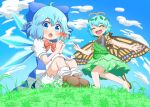  2girls :o ^_^ ahoge antennae barefoot bloomers blue_dress blue_eyes blue_hair blush bobby_socks brown_footwear butterfly_wings chestnut_mouth cirno closed_eyes clouds cloudy_sky coruthi day dress eternity_larva fisheye flower grass green_dress hair_between_eyes happy holding holding_flower ice ice_wings knees_up leaf leaf_on_head looking_at_viewer multiple_girls on_ground open_mouth running short_hair sitting sky smile socks touhou underwear white_legwear wings 