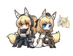  &gt;_&lt; 3girls animal_ear_fluff animal_ears arknights armor bangs black_footwear black_pants blemishine_(arknights) blue_eyes blush boots breastplate brown_eyes brown_headwear brown_jacket brown_legwear cape chibi closed_eyes closed_mouth commentary_request dog-san ear_protection eyebrows_visible_through_hair flying_sweatdrops garrison_cap hat headset high_heel_boots high_heels horse_ears horse_girl horse_tail hugging_own_legs jacket knee_boots knees_up long_hair multiple_girls nearl_(arknights) open_mouth pants ponytail short_eyebrows simple_background sitting tail thick_eyebrows thigh-highs wavy_mouth whislash_(arknights) white_background white_cape 