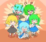  5girls :&gt; antennae aqua_hair arm_up ascot black_skirt black_vest blonde_hair blue_bow blue_dress blue_hair blush bow brown_footwear butterfly_wings cirno closed_eyes collared_shirt coruthi daiyousei detached_wings dress eternity_larva eyebrows_visible_through_hair fairy fairy_wings green_dress green_hair hair_between_eyes hair_bow hair_ribbon ice ice_wings leaf leaf_on_head long_hair multicolored_clothes multicolored_dress multiple_girls o_o open_mouth outstretched_arms red_ascot red_footwear red_ribbon ribbon rumia shirt shoes short_hair short_sleeves side_ponytail single_strap skirt smile solid_oval_eyes spread_arms touhou vest white_shirt wings wriggle_nightbug 