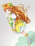  1girl alternate_hairstyle boots bow brown_eyes brown_hair chocokin choker clip_studio_paint_(medium) clover collarbone cure_rosetta dokidoki!_precure dress flower from_above gradient gradient_background green_choker grey_background hair_flower hair_ornament heart_brooch highres long_hair looking_at_viewer looking_up open_mouth precure puffy_short_sleeves puffy_sleeves short_sleeves solo waist_bow white_dress white_footwear wrist_cuffs yellow_dress yotsuba_alice 