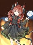  1girl :&gt; animal_ear_fluff animal_ears bangs black_nails blunt_bangs blurry blurry_background braid cat_ears cat_tail dress eyebrows_visible_through_hair fang fang_out feet_out_of_frame hitodama kaenbyou_rin looking_at_viewer multiple_tails nail_polish nekomata petticoat red_eyes redhead simple_background skull solo tail touhou twin_braids twintails two_tails yuzu_shino_(bon2rose) 