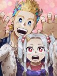  1boy 1girl age_difference arms_up blonde_hair blue_eyes boku_no_hero_academia child claw_pose close-up eri_(boku_no_hero_academia) fake_horns grey_hair halloween_costume headband highres horns long_hair looking_at_viewer mahoubin_(totemo_hot_dayo) medium_hair monster open_mouth patterned_background quiff red_eyes signature straight-on teeth togata_mirio twintails 