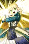  1girl ahoge artoria_pendragon_(all) artoria_pendragon_(fate) blonde_hair blue_ribbon breasts cleavage_cutout clothing_cutout excalibur_(fate/stay_night) fate/grand_order fate/stay_night fate_(series) green_eyes hair_bun hair_ribbon holding holding_weapon ilsa34660285 juliet_sleeves long_sleeves medium_breasts puffy_sleeves ribbon saber solo sword weapon 
