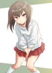  1girl alternate_costume brown_eyes brown_hair commentary_request dress fuji_(pixiv24804665) highres kantai_collection kneehighs pleated_dress red_skirt ribbed_sweater skirt solo squatting standing sweater taihou_(kancolle) v_arms white_legwear white_sweater 