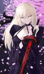  1girl absurdres artoria_pendragon_(fate) bangs black_dress black_ribbon blonde_hair braid closed_mouth commentary_request dark_excalibur dress excalibur_morgan_(fate) fate/grand_order fate/stay_night fate_(series) french_braid from_below gothic_lolita hair_bun highres holding holding_sword holding_weapon ilsa34660285 juliet_sleeves lolita_fashion long_sleeves looking_at_viewer puffy_sleeves ribbon saber_alter sidelocks sword weapon yellow_eyes 