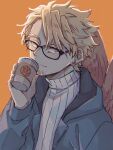  1boy bespectacled blonde_hair body_markings boku_no_hero_academia casual close-up cup earrings facial_hair feathered_wings from_above glasses goatee hawks_(boku_no_hero_academia) holding holding_cup hood hooded_jacket jacket jewelry looking_at_viewer male_focus miso_(mimimiso) orange_background red_feathers short_hair simple_background solo stud_earrings sweater wings yellow_eyes 