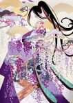  1girl black_hair closed_eyes eyeshadow floating_hair flower highres japanese_clothes kimono long_hair makeup original ponytail print_kimono purple_kimono shiguretau shippou_(pattern) solo traditional_media upper_body wisteria 