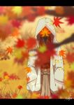  1boy autumn_leaves blurry blurry_foreground branch grass haljion_weapon hands_in_pockets highres hood hood_up leaf long_sleeves maple_leaf object_head original plant shadow signature solo upper_body 