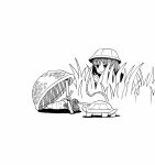  1girl carrot closed_mouth commentary_request grass greyscale helmet highres monochrome muji_(uimss) original outdoors rope solo turtle 