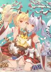  2girls animal_ears animal_hands animal_print bai_(granblue_fantasy) bare_shoulders blonde_hair breasts detached_sleeves dress erune fur_trim gloves granblue_fantasy highres huang_(granblue_fantasy) kneeling laolao_(granblue_fantasy) marekamico medium_hair multiple_girls orange_eyes paw_gloves short_dress siblings sideboob silver_hair small_breasts tail tiger_ears tiger_girl tiger_print tiger_tail twins twintails wide_sleeves 