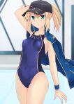  1girl ahoge artoria_pendragon_(fate) bangs baseball_cap black_headwear blonde_hair blue_jacket blue_swimsuit blush breasts competition_swimsuit covered_navel cross_(crossryou) fate/grand_order fate_(series) green_eyes hair_between_eyes hat highres jacket long_hair long_sleeves looking_at_viewer mysterious_heroine_x_(fate) one-piece_swimsuit ponytail sidelocks small_breasts solo swimsuit thighs wet 