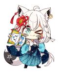  &gt;_o 1girl 7:08 :3 absurdres ahoge animal_ear_fluff animal_ears bangs blush braid chibi commentary_request earrings eyebrows_visible_through_hair facial_mark flower fox_ears fox_girl fox_tail green_eyes hagoita hair_between_eyes hair_flower hair_ornament hane_(hanetsuki) hanetsuki highres holding hololive japanese_clothes jewelry kimono long_hair looking_at_viewer one_eye_closed paddle pentagram shirakami_fubuki sidelocks single_braid smile sukonbu_(shirakami_fubuki) tail virtual_youtuber whisker_markings white_hair wide_sleeves 