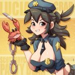  1girl black_eyes black_gloves black_hair blush borrowed_character breasts cleavage_cutout clothing_cutout covered_nipples crab cuffs fingerless_gloves gloves halftone handcuffs hat highres jammeryx knife large_breasts long_hair lucia_(scott_malin) original parted_lips police police_badge police_hat police_uniform policewoman shadow smile solo uniform upper_body yellow_background 