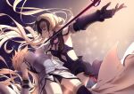  2girls armor armored_boots armored_dress banner black_legwear blonde_hair blue_eyes boots breasts cleavage dress dutch_angle eyebrows_visible_through_hair fate/apocrypha fate/grand_order fate_(series) floating_hair flower fur_trim gauntlets highres hjh4598 jeanne_d&#039;arc_(alter)_(fate) jeanne_d&#039;arc_(fate) jeanne_d&#039;arc_(fate)_(all) lens_flare long_hair looking_back medium_breasts multiple_girls ruler_(fate/apocrypha) sheath silver_hair sleeveless sleeveless_dress smile standing thigh-highs very_long_hair white_dress white_flower yellow_eyes 