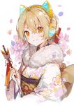  1girl :3 akizero1510 animal_ear_headphones animal_ears arrow_(projectile) bangs blonde_hair blush closed_mouth commentary_request eyebrows_visible_through_hair fake_animal_ears floral_background floral_print fur_collar hair_between_eyes headphones highres holding holding_arrow japanese_clothes kimono long_sleeves looking_at_viewer obi original print_kimono sash short_hair signature solo upper_body white_background yellow_eyes 