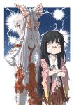  2girls :t back-to-back bamboo_print bandaged_arm bandaged_leg bandages bandaid bandaid_on_arm bandaid_on_face bangs black_hair blue_background blush border bow brown_skirt collared_shirt commentary_request confrontation crossed_arms fujiwara_no_mokou grey_hair hair_bow hands_on_hips highres hime_cut houraisan_kaguya inuno_rakugaki long_hair long_sleeves looking_at_another looking_back messy_hair multiple_girls neck_ribbon one_eye_closed orange_eyes pants pink_shirt pout red_pants ribbon scratches shirt sidelocks skirt suspenders torn_bow torn_clothes torn_pants torn_shirt torn_skirt touhou very_long_hair white_ribbon white_shirt wide_sleeves yellow_eyes 