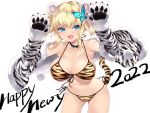  1girl 2022 alternate_hairstyle animal_ears animal_hands animal_print ass_visible_through_thighs bangs bare_shoulders bikini blonde_hair blue_eyes boku_wa_tomodachi_ga_sukunai breasts butterfly_hair_ornament cait_aron commentary cowboy_shot english_commentary eyebrows_visible_through_hair fangs front-tie_bikini front-tie_top fur-trimmed_sleeves fur_trim gloves hair_ornament happy_new_year kashiwazaki_sena large_breasts leaning_forward looking_at_viewer navel new_year open_mouth paw_gloves pom_pom_(clothes) shiny shiny_hair side-tie_bikini simple_background smile solo strap_gap string_bikini swimsuit tail thighs tiger_print tiger_tail under_boob white_background 