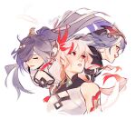  3girls artist_name china_dress chinese_clothes closed_eyes dress eyebrows_visible_through_hair feathers fu_hua fu_hua_(azure_empyrea) fu_hua_(herrscher_of_sentience) fu_hua_(phoenix) hair_ornament hair_over_one_eye honkai_(series) honkai_impact_3rd looking_afar looking_to_the_side multicolored_hair multiple_girls multiple_persona parted_lips red_eyes sokeve streaked_hair teeth yin_yang 