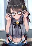  1girl beret black-framed_eyewear black_hair blue_eyes commentary_request glasses hair_ornament hat highres hololive looking_at_viewer navel short_hair smile solo suspenders virtual_youtuber white_headwear 