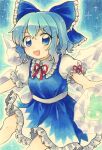  1girl bangs blue_bow blue_dress blue_eyes blue_hair bow cirno collared_shirt dress frilled_bow frilled_dress frilled_shirt_collar frills frog frozen hair_bow highres ice ice_wings maa_(forsythia1729) open_mouth puffy_short_sleeves puffy_sleeves red_ribbon ribbon sash shirt short_hair short_sleeves touhou traditional_media v-shaped_eyebrows white_sash white_shirt wings 