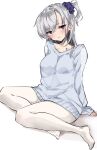  1girl alternate_costume bangs blue_sweater blush breasts chigasaki_yukari closed_mouth commentary_request grey_eyes hair_between_eyes hair_ornament hair_scrunchie highres kantai_collection lips long_hair long_sleeves medium_breasts one_side_up pantyhose scrunchie silver_hair simple_background sitting solo suzutsuki_(kancolle) sweater white_background white_legwear 