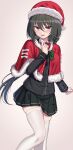  1girl absurdres black_jacket blazer blush buttons feet_out_of_frame fur_trim green_hair hair_between_eyes hat highres jacket long_hair long_sleeves looking_at_viewer open_mouth original pleated_skirt red_eyes santa_hat school_uniform simple_background skirt solo thigh-highs white_legwear yakob_labo 