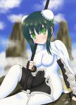  1girl arm_guards bangs black_bodysuit black_gloves black_hair bodysuit breasts bun_cover covered_navel double_bun elbow_gloves fate/grand_order fate_(series) fingerless_gloves gloves green_eyes green_ribbon hair_ribbon highres jewelry large_breasts looking_at_viewer neck_ring qin_liangyu_(fate) ribbon sidelocks solo thighs white_bodysuit yukitokiame 