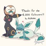  :3 :d artist_name closed_eyes closed_mouth commentary_request glaceon heart highres kotone11152 milestone_celebration no_humans on_head open_mouth pokemon pokemon_(creature) pokemon_on_head rowlet smile tail tail_wagging thank_you tongue umbreon 
