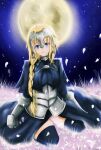  1girl armor armored_dress banner black_ribbon blonde_hair blue_eyes braid eyebrows_visible_through_hair fate/apocrypha fate/grand_order fate_(series) gauntlets highres jeanne_d&#039;arc_(fate) jeanne_d&#039;arc_(fate)_(all) long_hair low-tied_long_hair ponytail purple_legwear ribbon ruler_(fate/apocrypha) sheath sheathed single_braid smile solo standing sword thigh-highs those_girls very_long_hair weapon 