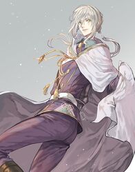  1boy alternate_costume bedivere_(fate) cape fate/grand_order fate_(series) green_eyes happy long_hair male_focus platinum_blonde_hair shoulder_sash silver_hair solo tassel twintails yepnean 