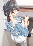  1girl apron black_hair blue_shirt breasts closed_mouth eyebrows_visible_through_hair hair_between_eyes highres holding holding_ladle jingei_(kancolle) kantai_collection ladle large_breasts long_hair long_sleeves looking_back pants red_eyes shirt solo white_apron white_pants zuki 
