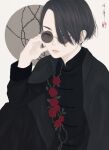  1boy bishounen black_coat black_hair black_jacket black_pants chinese_clothes circle closed_mouth coat coat_on_shoulders commentary_request floral_print flower grey_eyes hair_over_one_eye hand_on_own_face hand_up highres jacket long_sleeves looking_at_viewer male_focus one_eye_covered original pants red_flower red_rose rose rose_print round_eyewear seal_impression short_hair signature sitting solo straight_hair sunglasses tangzhuang thorns ushiyama_ame white_background 