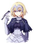  1girl armor armored_dress banner black_ribbon blonde_hair blue_eyes braid eyebrows_visible_through_hair fate/apocrypha fate/grand_order fate_(series) gauntlets highres jeanne_d&#039;arc_(fate) jeanne_d&#039;arc_(fate)_(all) long_hair low-tied_long_hair pawnlo ponytail purple_legwear ribbon ruler_(fate/apocrypha) sheath sheathed single_braid smile solo standing sword thigh-highs very_long_hair weapon 