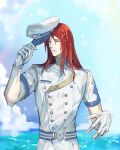  1boy closed_eyes fate/grand_order fate_(series) gloves hat hat_removed headwear_removed holding holding_clothes holding_hat knights_of_marines long_hair male_focus redhead sailor sailor_hat solo tristan_(fate) water wet wet_clothes wet_hair white_gloves yepnean 