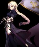  1girl armor armored_dress banner black_ribbon blonde_hair blue_eyes braid eyebrows_visible_through_hair fate/apocrypha fate/grand_order fate_(series) gauntlets highres jeanne_d&#039;arc_(fate) jeanne_d&#039;arc_(fate)_(all) long_hair low-tied_long_hair ponytail purple_legwear ribbon ruler_(fate/apocrypha) sheath sheathed shigure_s single_braid smile solo standing sword thigh-highs very_long_hair weapon 