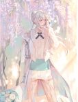  airgetlam_(fate) as_you_wish_(fate) bedivere_(fate) bouquet fate/grand_order fate_(series) flower formal green_eyes grey_hair heroic_spirit_formal_dress long_hair pale_color pastel_colors prosthesis prosthetic_arm purple_flower rose silver_hair suit white_flower white_rose white_suit wisteria yepnean 