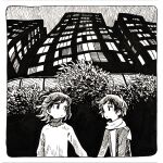  1boy 1girl building bush closed_mouth commentary_request eye_contact greyscale jacket long_sleeves looking_at_another monochrome muji_(uimss) night original outdoors scarf shirt short_hair upper_body 