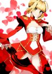  1girl aestus_estus ahoge blonde_hair braid breasts cleavage commentary_request dress epaulettes fate/extra fate/grand_order fate_(series) french_braid green_eyes hair_intakes hair_ribbon juliet_sleeves large_breasts long_sleeves nero_claudius_(fate) nero_claudius_(fate)_(all) orng100 puffy_sleeves red_dress red_ribbon ribbon saber_extra see-through solo wide_sleeves 