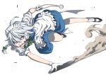  1girl action angry apron arm_support black_footwear blue_eyes bow braid dust_cloud frilled_apron frills frown glaring green_bow hand_on_ground headdress holding inuno_rakugaki izayoi_sakuya jumping knife looking_to_the_side maid_headdress mary_janes motion_blur outstretched_leg pocket_watch puffy_short_sleeves puffy_sleeves sash shirt shoes short_hair short_sleeves silver_hair simple_background solo teeth_hold touhou twin_braids watch white_apron white_background white_legwear white_sash white_shirt 