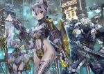  2022 2girls animal_ears animal_print arm_shield armor bangs black_gloves blue_eyes breasts cloak colored_skin eyebrows_visible_through_hair gauntlets gloves grey_hair grey_skin gun holding holding_gun holding_staff holding_weapon leg_tattoo leotard looking_at_viewer mecha medium_breasts multiple_girls navel new_year original science_fiction see-through short_hair shoulder_armor single_gauntlet single_thighhigh small_breasts staff tail tattoo thigh-highs tiger_ears tiger_print tiger_tail weapon yoshimoto_(dear_life) 
