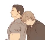  2boys character_request chris_redfield facial_hair from_side grey_shirt head_on_another&#039;s_shoulder light_brown_hair male_focus mature_male multiple_boys muscular muscular_male pectorals resident_evil sardine_(kjr0313) shirt short_hair sideburns stubble tight tight_shirt upper_body white_background 