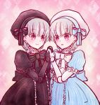  2girls alice_(fate/extra) black_bow black_dress black_gloves black_headwear blue_bow blue_dress bow bowtie bug butterfly closed_mouth doll_joints dress fate/extra fate/grand_order fate_(series) flask_furifuri food_print frilled_dress frills gloves hat hat_bow insect long_hair looking_at_viewer multiple_girls mushroom_print nursery_rhyme_(fate/extra) open_mouth print_dress purple_bow purple_eyes smile twins white_bow white_gloves white_hair white_headwear 