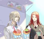  bedivere_(fate) blonde_hair casual closed_eyes crepe fate/grand_order fate_(series) food fruit green_eyes ice_cream long_hair redhead strawberry tristan_(fate) wallet yepnean 