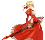  1girl aestus_estus ahoge blonde_hair braid breasts cleavage commentary_request dress epaulettes fate/extra fate/grand_order fate_(series) french_braid green_eyes hair_intakes hair_ribbon hoodier juliet_sleeves large_breasts long_sleeves nero_claudius_(fate) nero_claudius_(fate)_(all) puffy_sleeves red_dress red_ribbon ribbon saber_extra see-through solo wide_sleeves 