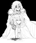  2girls armor armored_boots armored_dress banner black_legwear blonde_hair blue_eyes boots breasts cleavage dress dutch_angle eyebrows_visible_through_hair fate/apocrypha fate/grand_order fate_(series) floating_hair flower fur_trim gauntlets grand_yuria highres jeanne_d&#039;arc_(alter)_(fate) jeanne_d&#039;arc_(fate) jeanne_d&#039;arc_(fate)_(all) lens_flare long_hair looking_back medium_breasts multiple_girls sheath silver_hair sleeveless sleeveless_dress smile standing thigh-highs very_long_hair white_dress white_flower yellow_eyes yuri 
