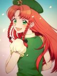 1girl beret braid china_dress chinese_clothes dress green_eyes hat hat_ornament highres hong_meiling light_particles long_hair looking_back open_mouth redhead sibata_maru smile solo star_(symbol) star_hat_ornament touhou twin_braids 