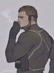  1boy back beard black_gloves brown_hair chris_redfield facial_hair from_side gloves long_sleeves male_focus mature_male muscular muscular_male resident_evil sardine_(kjr0313) shirt short_hair sideburns smoke smoking solo stubble thick_eyebrows tight tight_shirt upper_body 